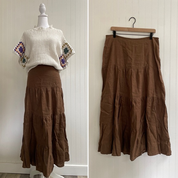 SPIEGEL Vintage Linen Long Boho Maxi Peasant Skirt Tiered Zipper Brown Size 12 - Picture 1 of 10